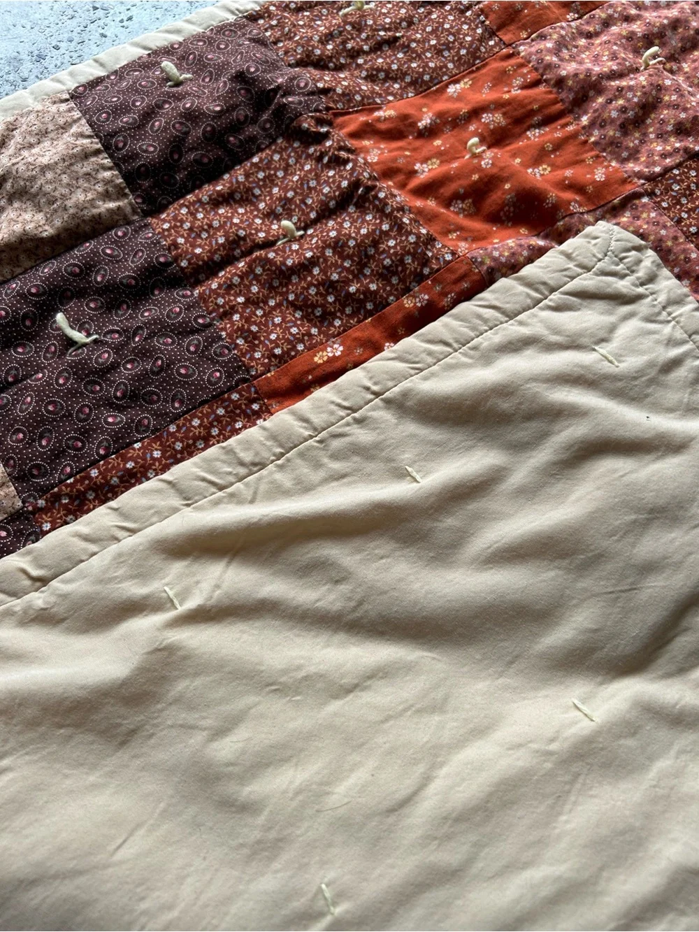 Handmade vintage. Rust & Brown Floral Patchwork Quilt